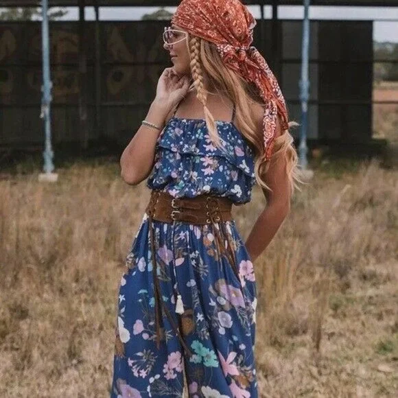 Spell & The Gypsy Free People Wild Bloom Blue Floral Print Jumpsuit S Rare - Picture 4 of 5